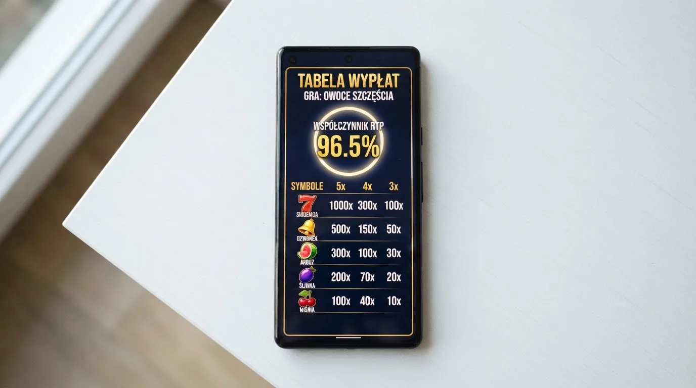 ekran automatu online z otwartą tabelą wypłat pokazującą wartość procentową RTP