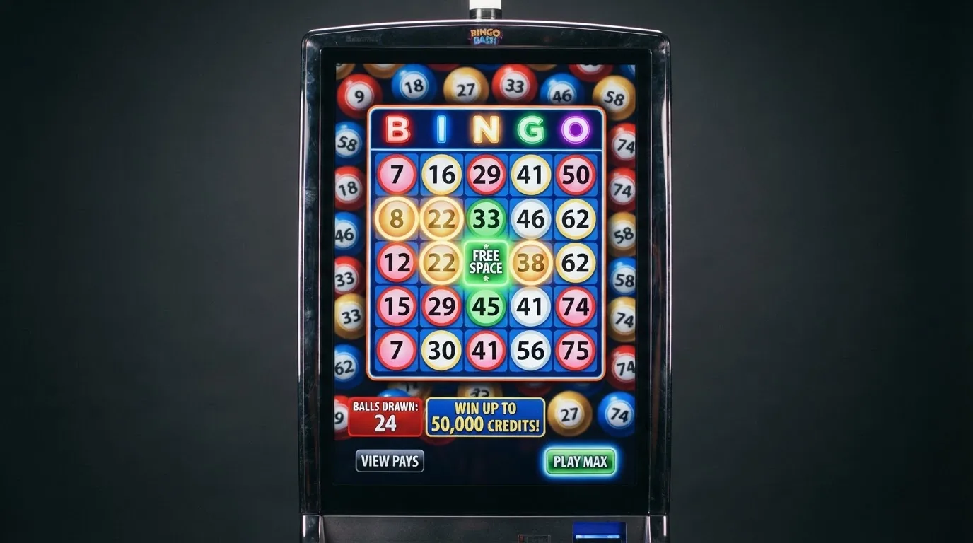 Ekran automatu do gry z kolorową planszą w stylu bingo i podświetlonymi liczbami