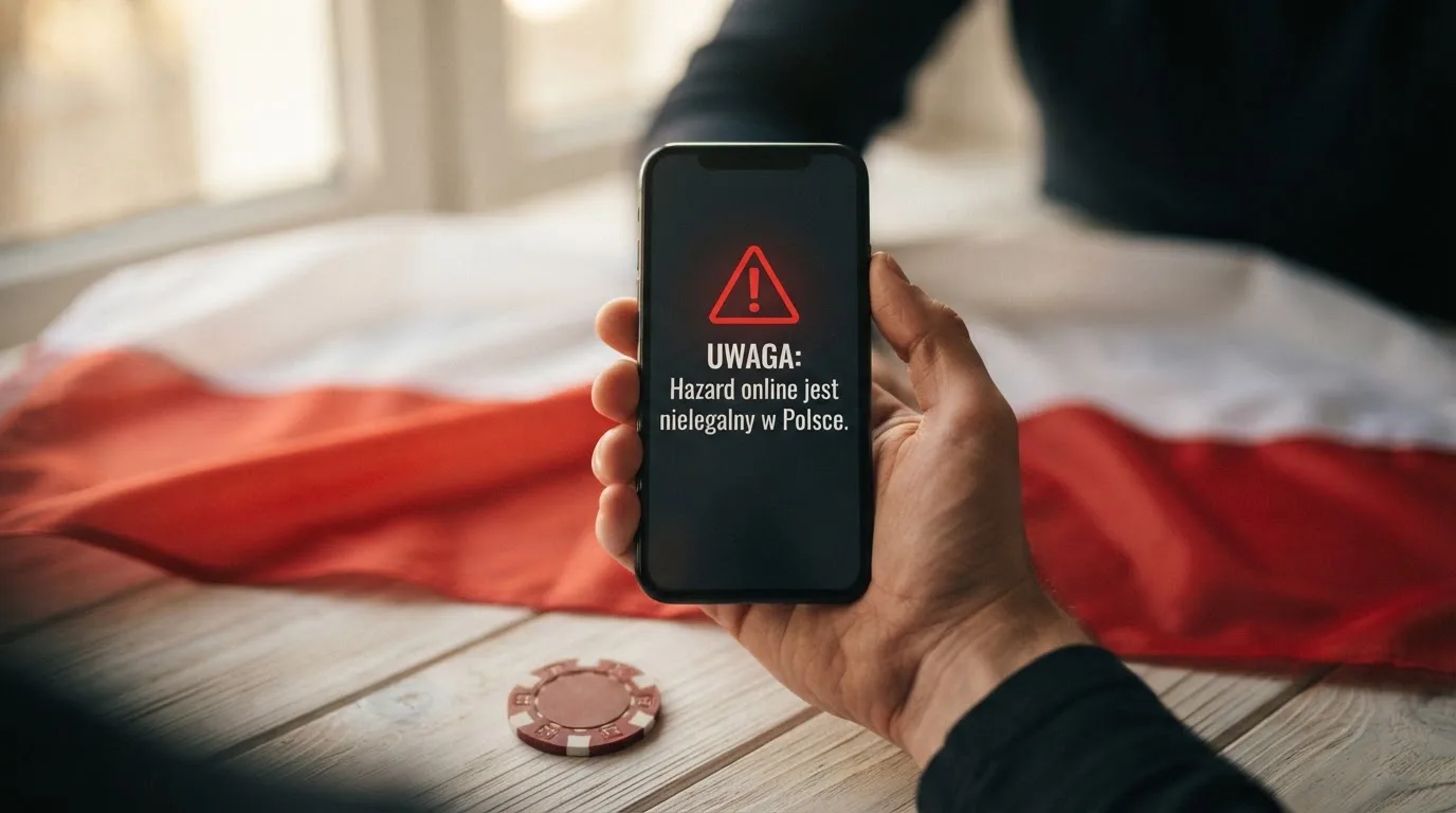 Dłoń trzymająca telefon z widocznym komunikatem ostrzegawczym o legalności hazardu online na tle biało-czerwonej flagi Polski.