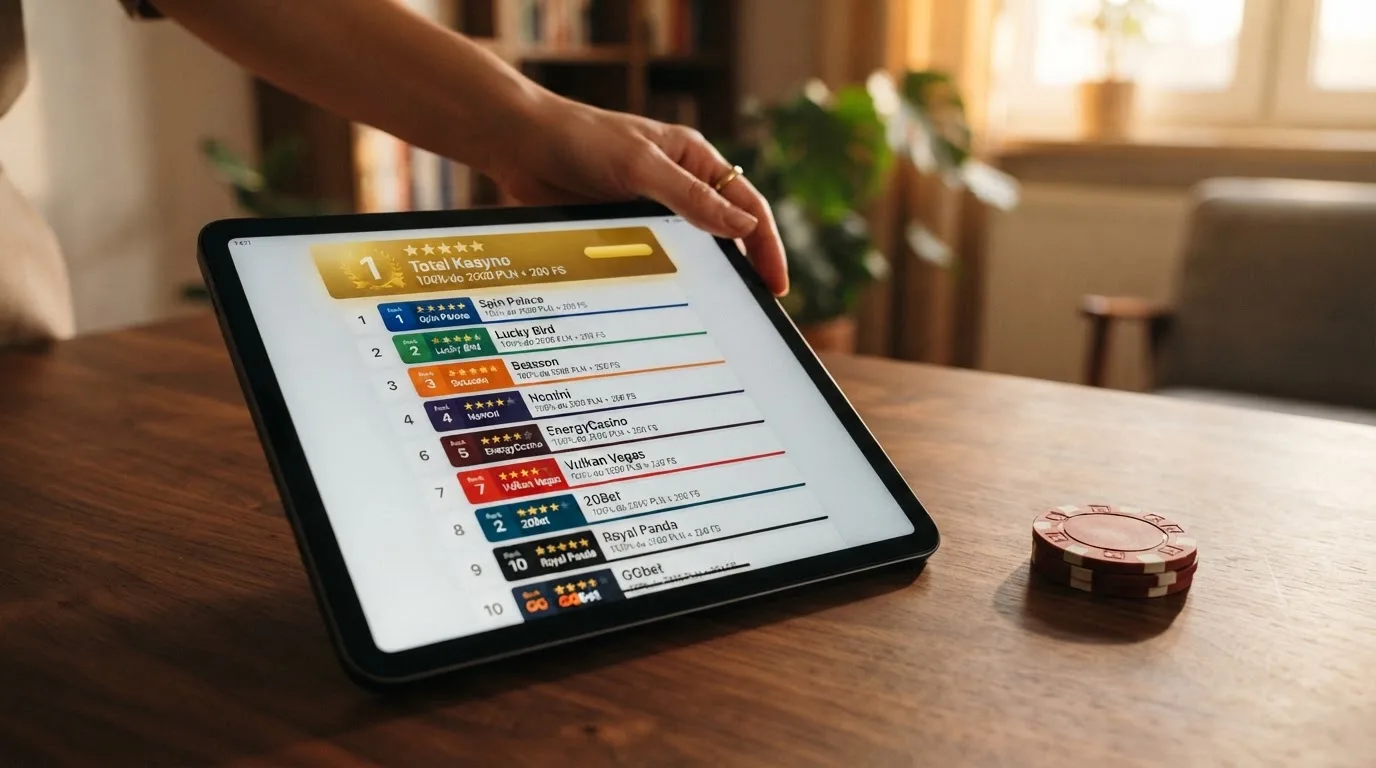 Ranking dziesięciu kart operatorów online ułożonych od najwyżej do najniżej ocenionego na ekranie tabletu.