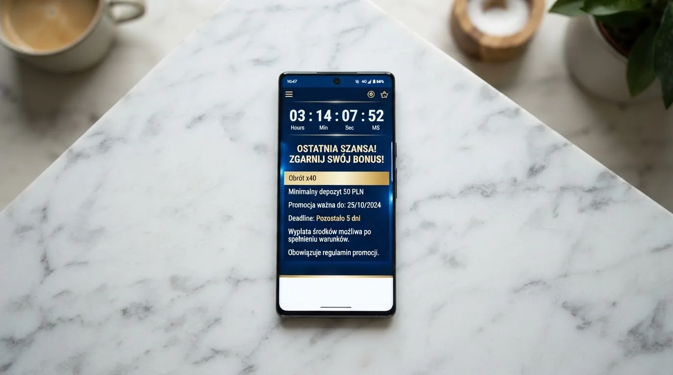 Zbliżenie na telefon z listą warunków promocji i licznikiem odliczającym dni do końca oferty