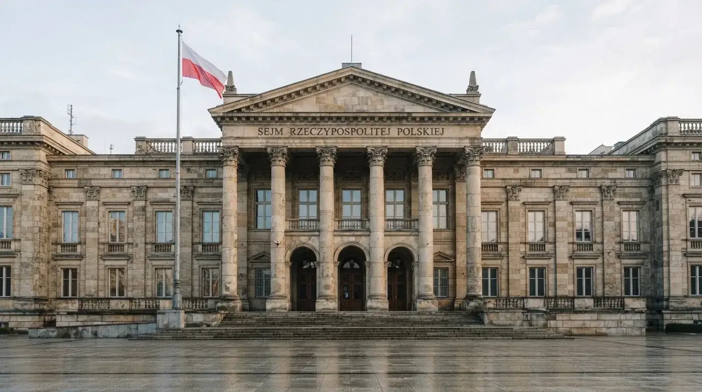 Fasada budynku instytucji państwowej z flagą Polski, symbol nadzoru regulatora nad rynkiem gier hazardowych