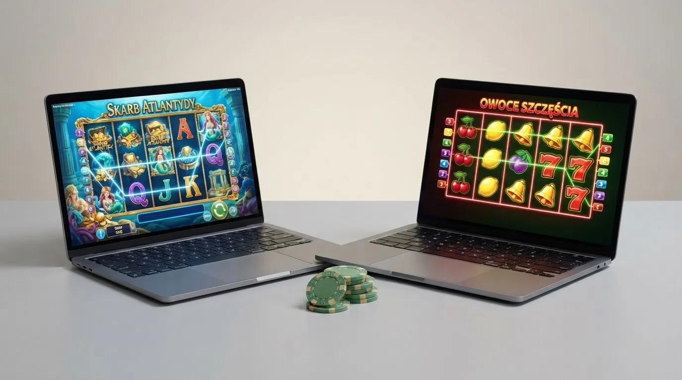 Widok z góry na laptop z otwartą tabelą porównawczą ofert powitalnych kilku serwisów kasynowych