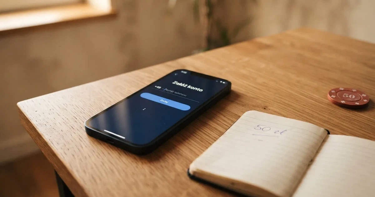 Smartfon na biurku z otwartym formularzem zakładania konta i polem potwierdzenia numeru telefonu, obok notes z wypisaną kwotą 50 zł