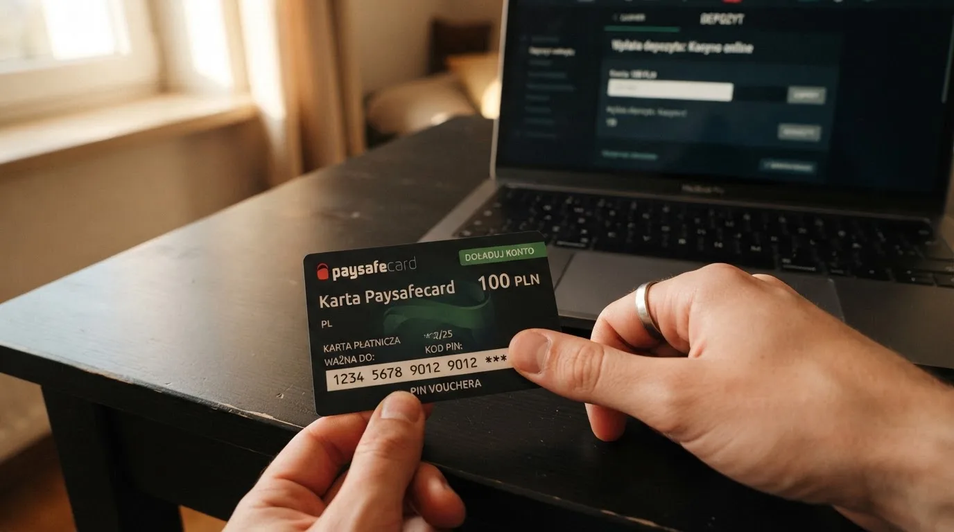 Karta przedpłacona Paysafecard z zasłoniętym polem kodu PIN obok klawiatury laptopa