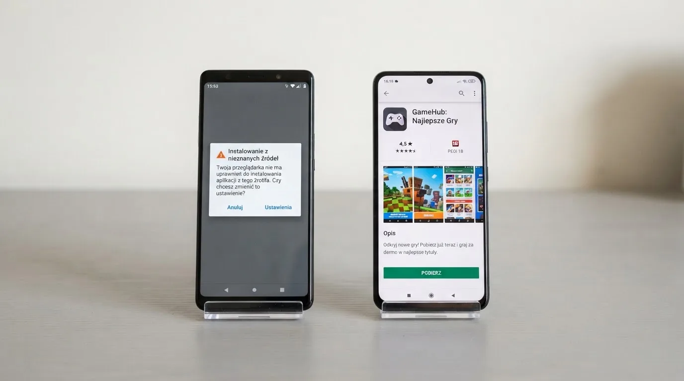 Dwa telefony obok siebie: na jednym komunikat zgody na instalację pliku APK z nieznanego źródła, na drugim strona aplikacji w sklepie z przyciskiem pobierania