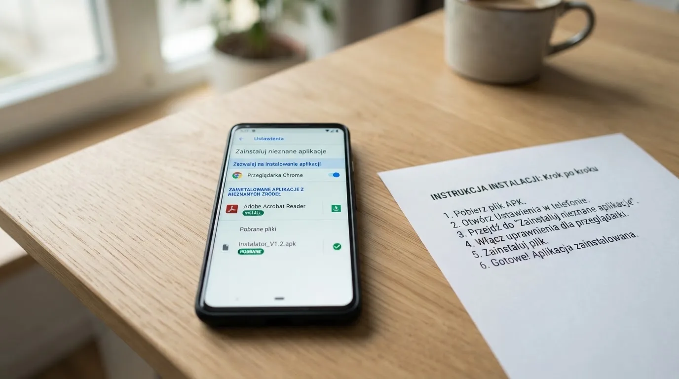 Ekran ustawień Androida z przełącznikiem zgody na instalację aplikacji z nieznanego źródła i pobranym plikiem instalacyjnym na liście