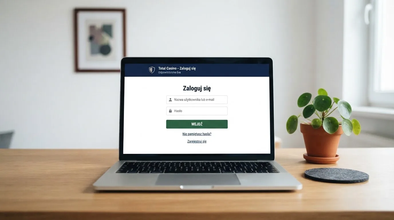 Strona logowania oficjalnej platformy Total Casino na ekranie laptopa, jedynego legalnego kasyna online w Polsce