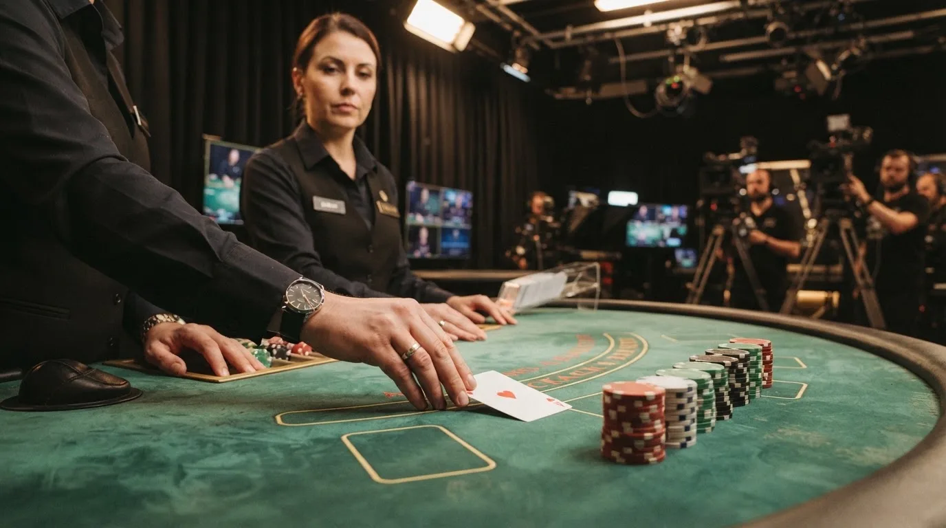 Krupier rozdający karty przy stole blackjacka podczas transmisji na żywo