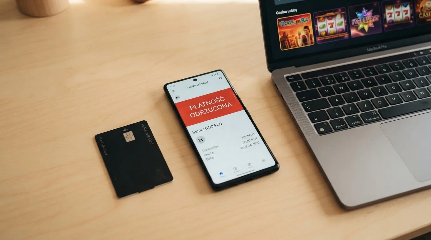 Smartfon z otwartym portfelem kryptowalut i komunikatem o odrzuconej płatności leżący obok laptopa