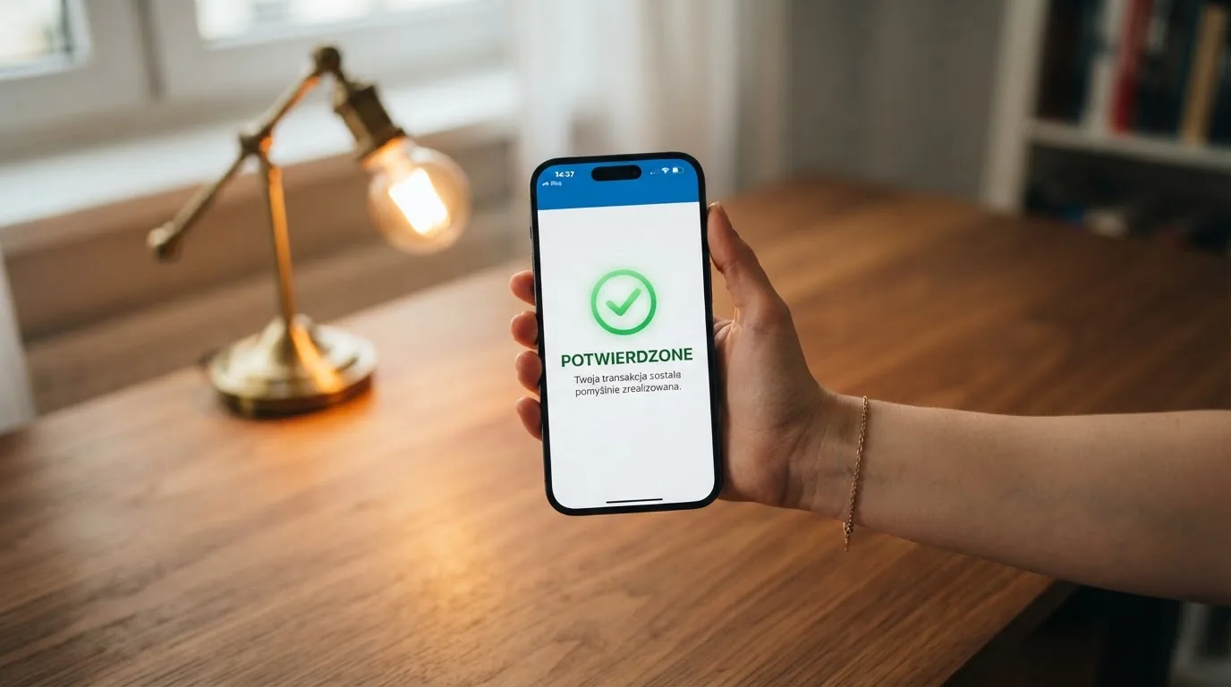 Dłoń trzyma smartfon z prostym ekranem aplikacji mObywatel pokazującym zielony znak potwierdzenia, na biurku stoi lampka