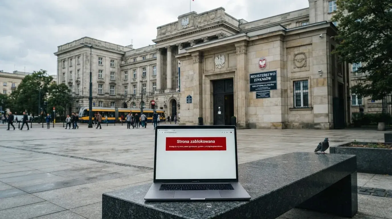 Budynek urzędu z tablicą ministerstwa, na pierwszym planie laptop z komunikatem o zablokowanej stronie kasyna