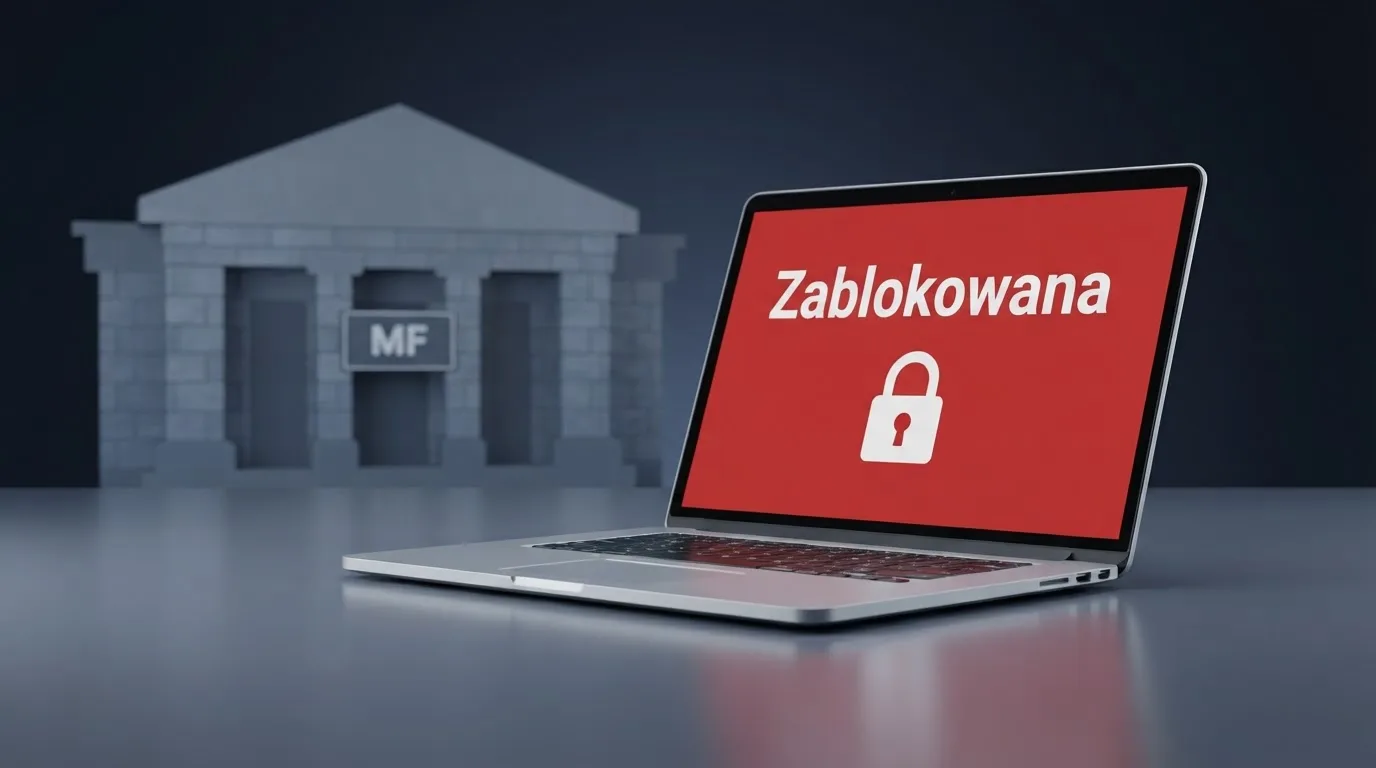 Laptop z komunikatem o zablokowanej stronie hazardowej, w tle budynek urzędu z tablicą ministerstwa