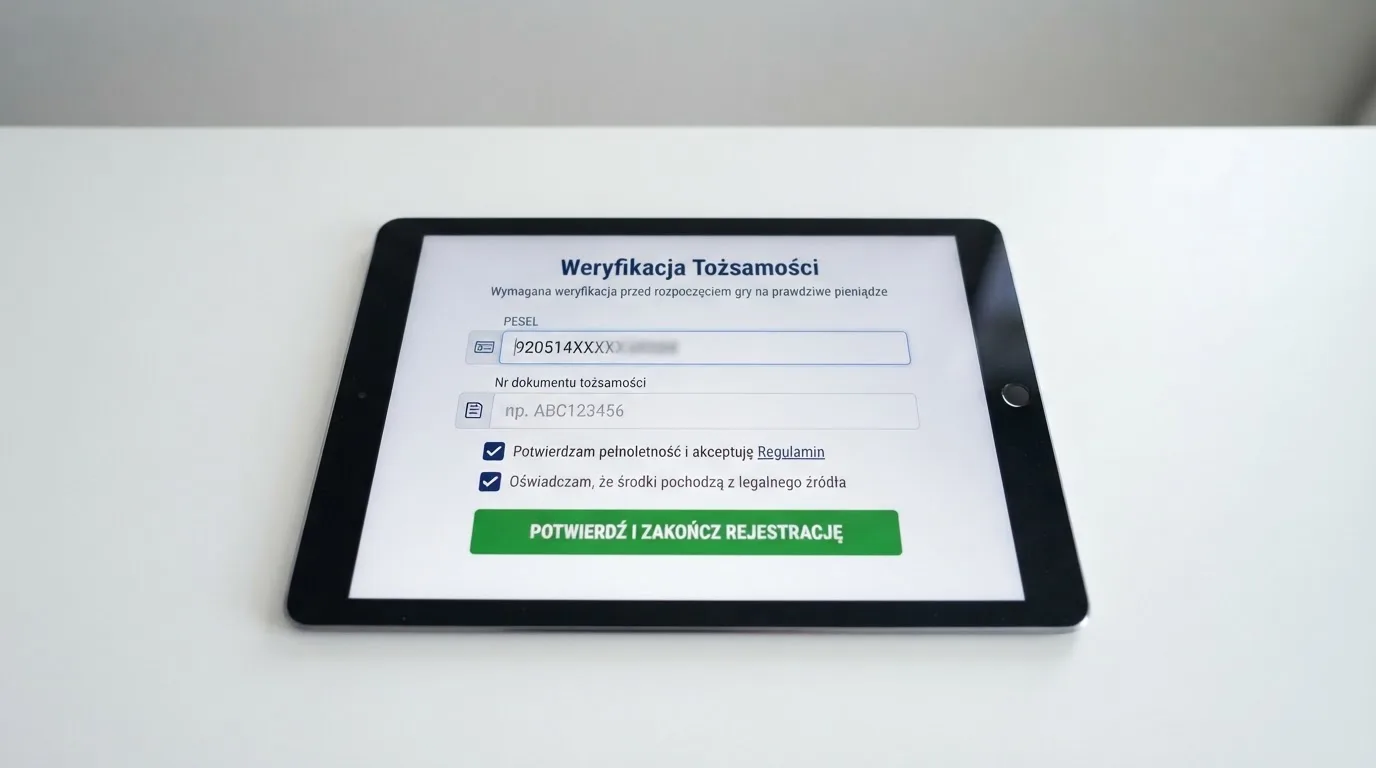 Formularz rejestracji konta gracza z polami na PESEL i numer dokumentu tożsamości na ekranie tabletu