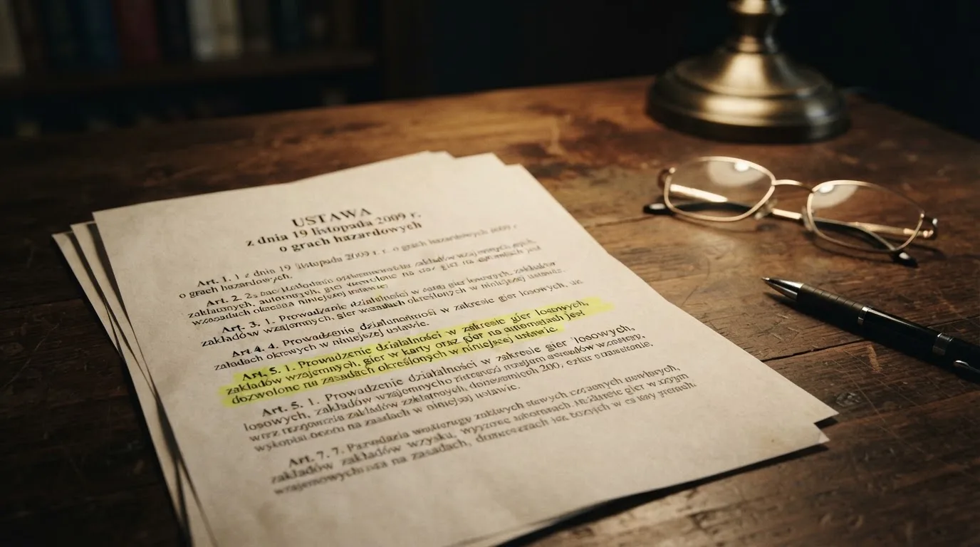 Wydruk ustawy o grach hazardowych z zakreślonym artykułem, obok okulary i długopis na stole