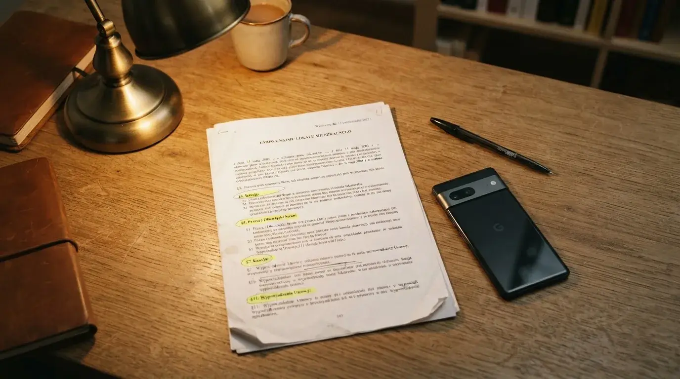Wydruk ustawy o grach hazardowych z zakreślonymi artykułami leżący na biurku obok wyłączonego smartfona