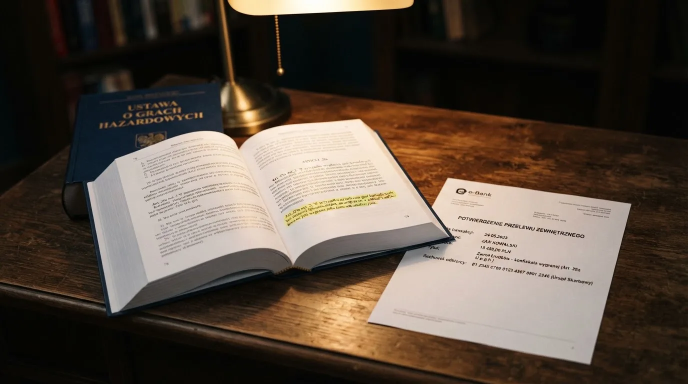 Otwarty tekst ustawy o grach hazardowych z zakreślonym artykułem, obok wydruku potwierdzenia przelewu wygranej