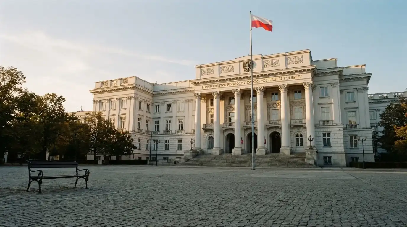 Budynek urzędu administracji państwowej z flagą Polski na maszcie w tle