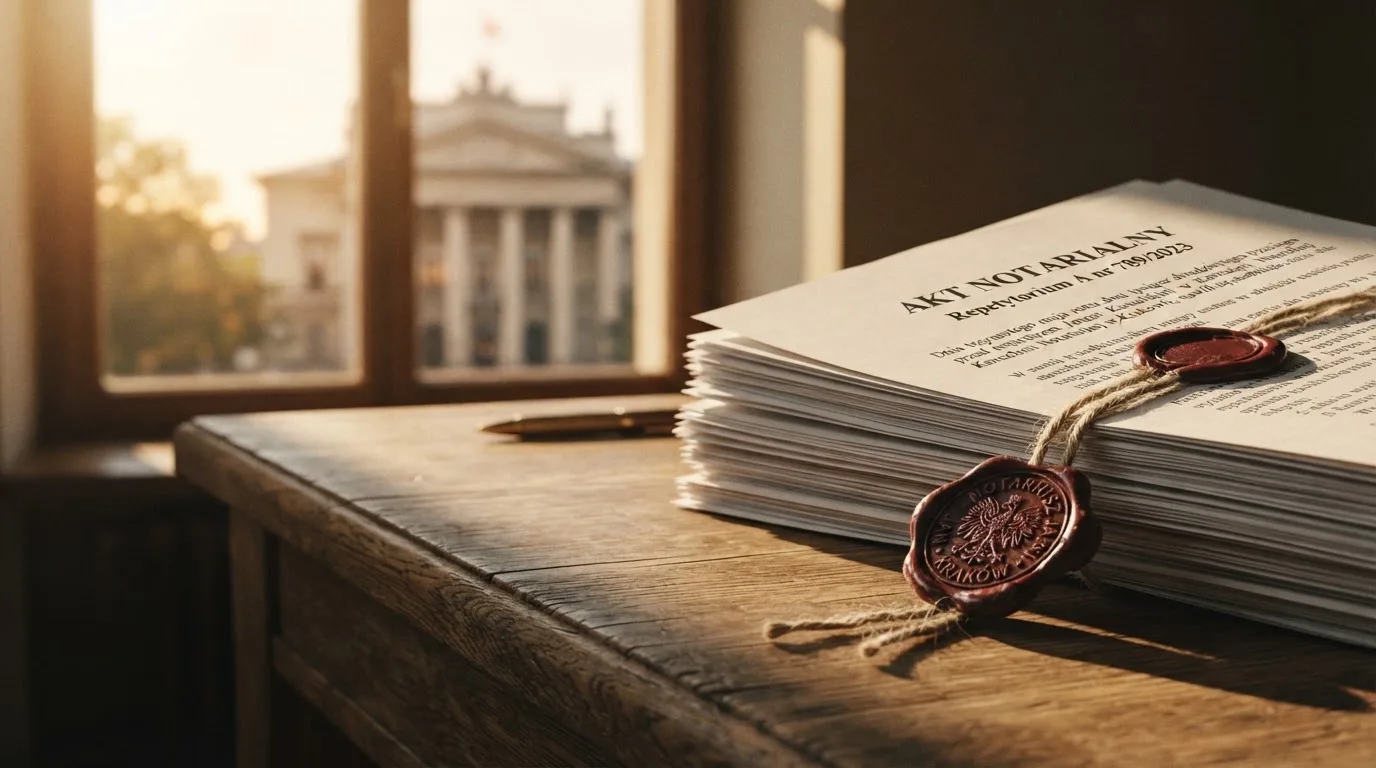 Stos dokumentów urzędowych i pieczęć na biurku, w tle sylwetka budynku administracji publicznej
