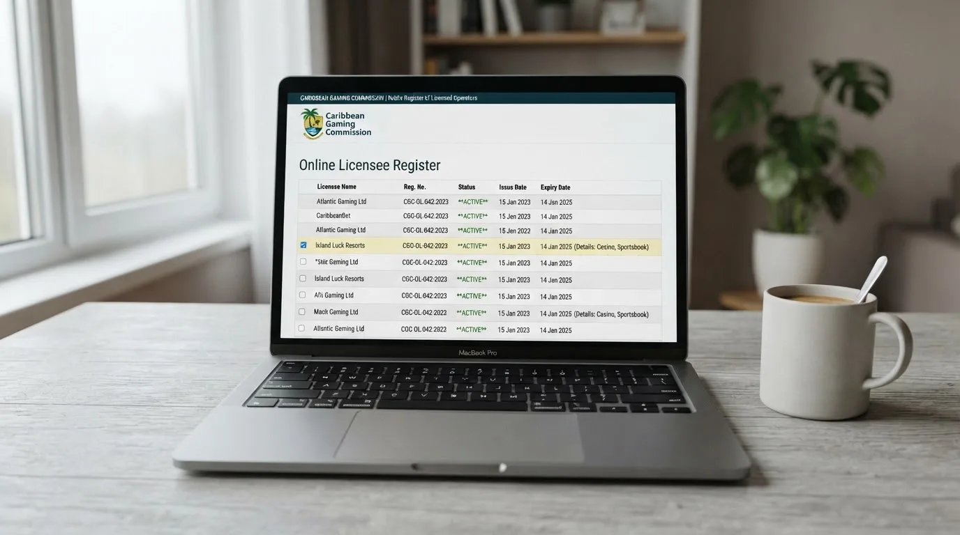 Ekran laptopa z otwartym rejestrem licencji regulatora z Curaçao, w którym jeden wiersz zaznaczono żółtym podświetleniem