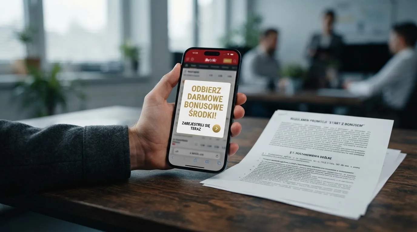 Telefon z wyskakującym banerem obiecującym darmowe złotówki za rejestrację, obok wydruk ustawy o grach hazardowych