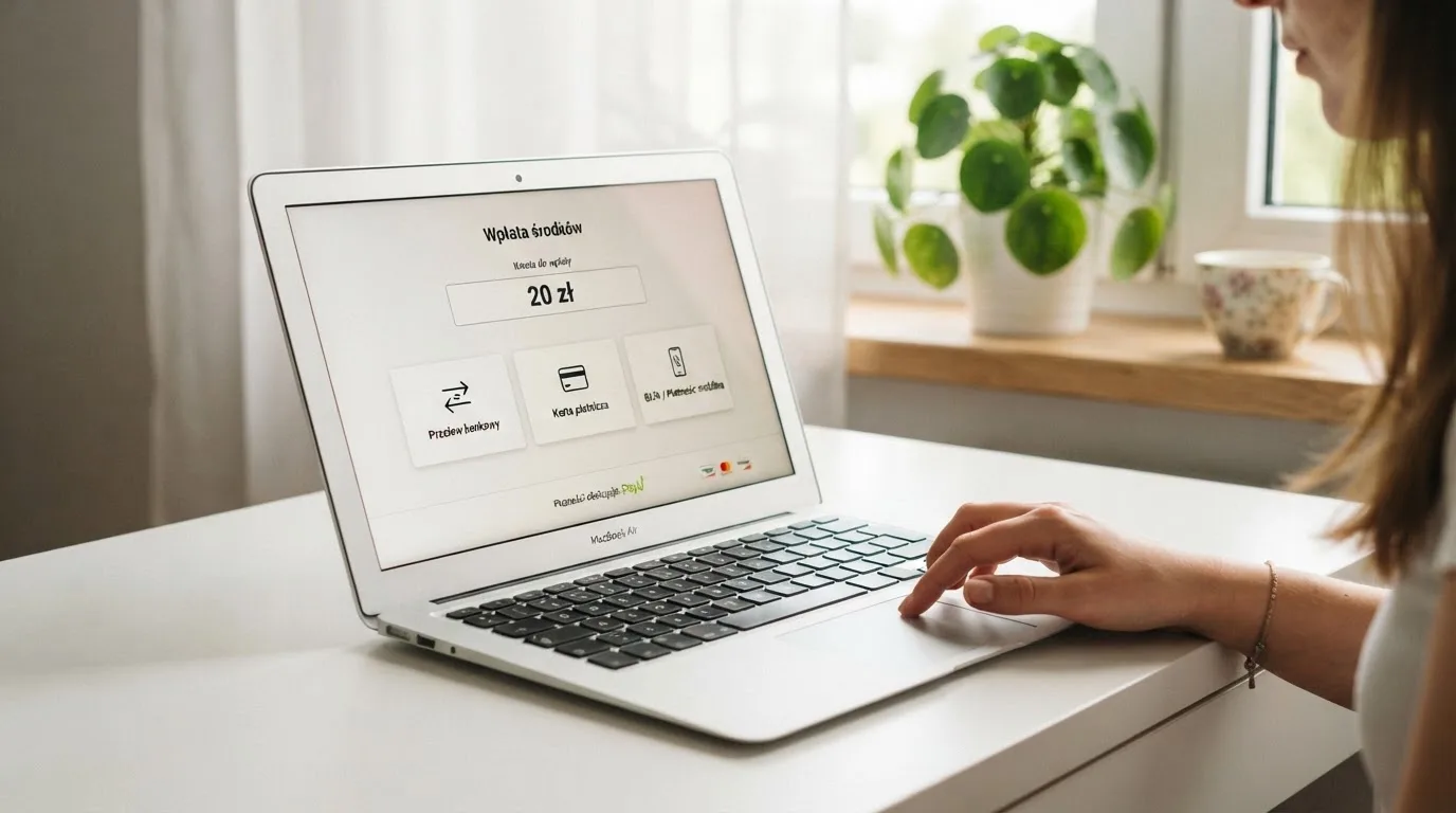 Laptop z otwartym formularzem wpłaty na kwotę 20 zł i wyborem między szybkim przelewem, kartą płatniczą a BLIK-iem