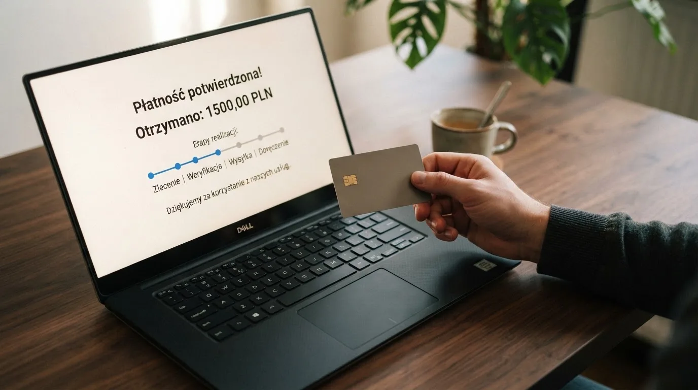 Dłoń trzyma kartę bankową przy laptopie, na ekranie widnieje prosty komunikat z jedną kwotą w złotych i kalendarzem siedmiu dni